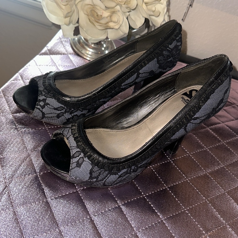 Fergalicious Blue with black lace heels